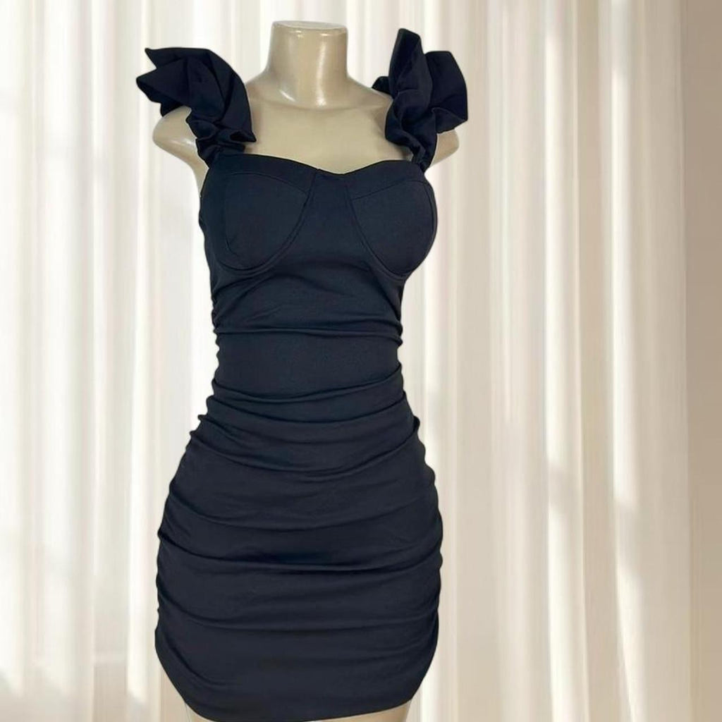 Black Ruffle Strap Mini Dress
