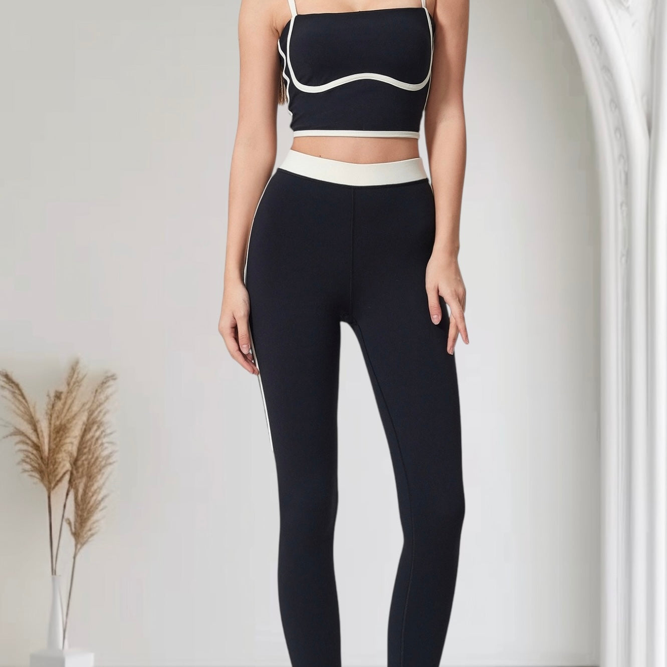 Contrast Trim Rib Knit Seamless Cami Top & Pants Set