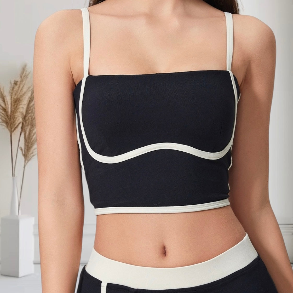 Contrast Trim Rib Knit Seamless Cami Top & Pants Set