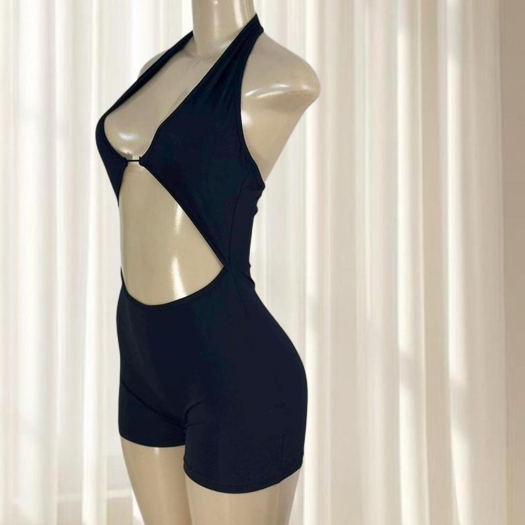 Chic Black Halter Cutout Romper