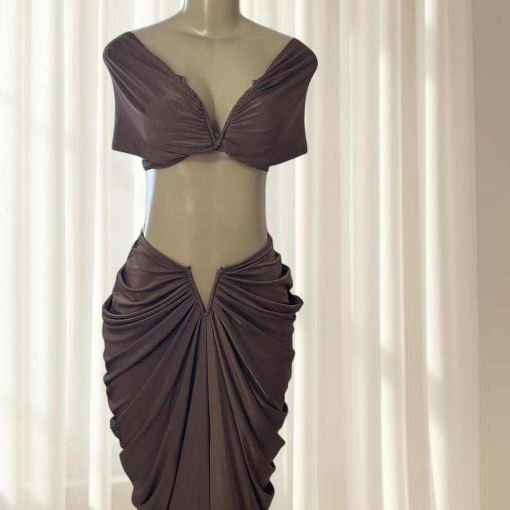 Stunning Brown Ruched Two-Piece Set