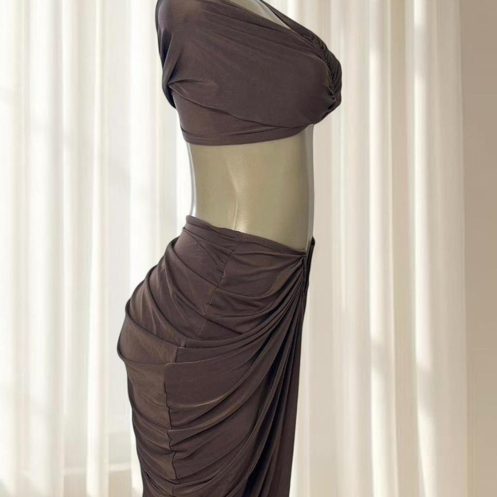 Stunning Brown Ruched Two-Piece Set