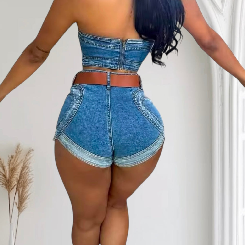 Denim Outfits Sexy Sleeveless Cami Top and Bodycon Jean Shorts Set