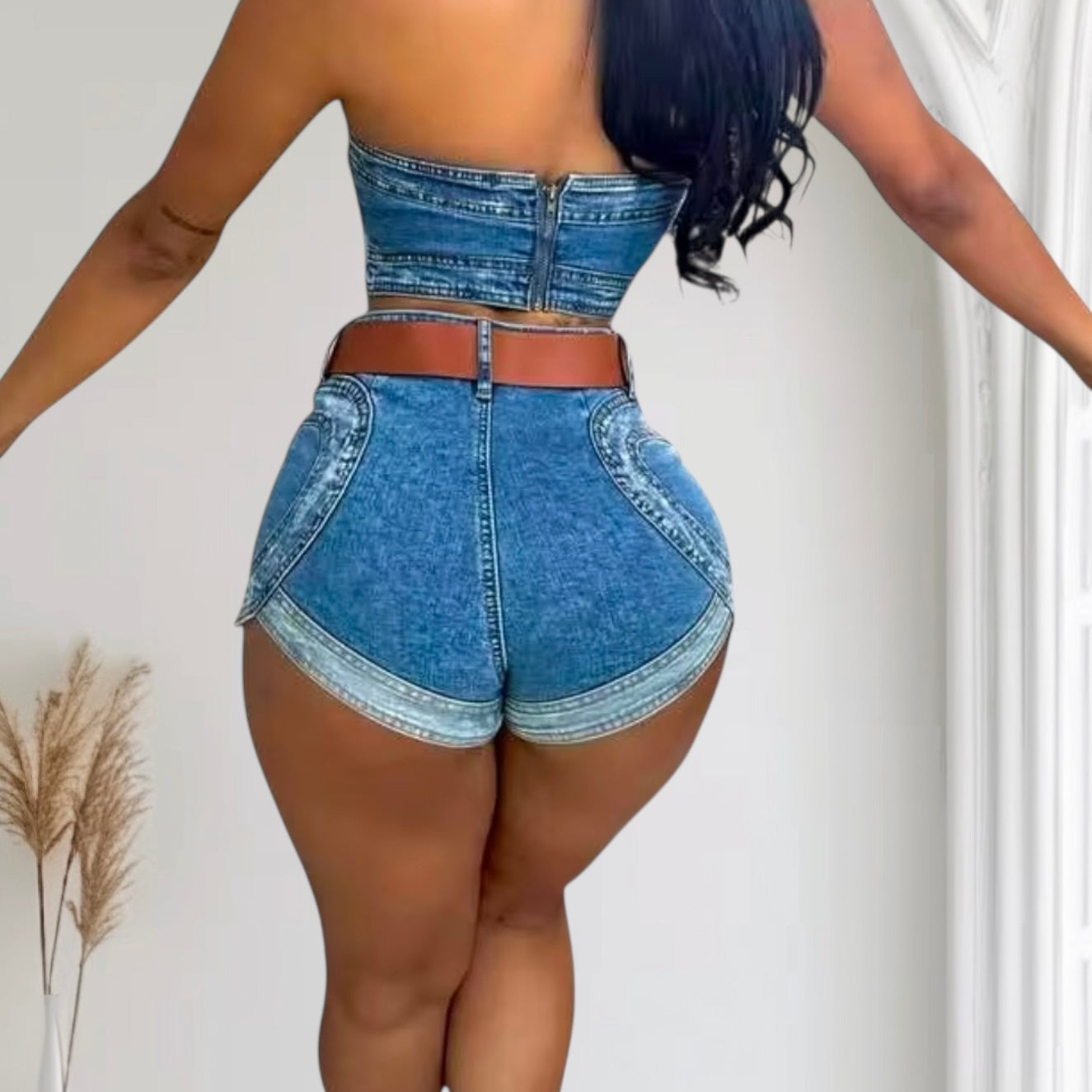 Denim Outfits Sexy Sleeveless Cami Top and Bodycon Jean Shorts Set