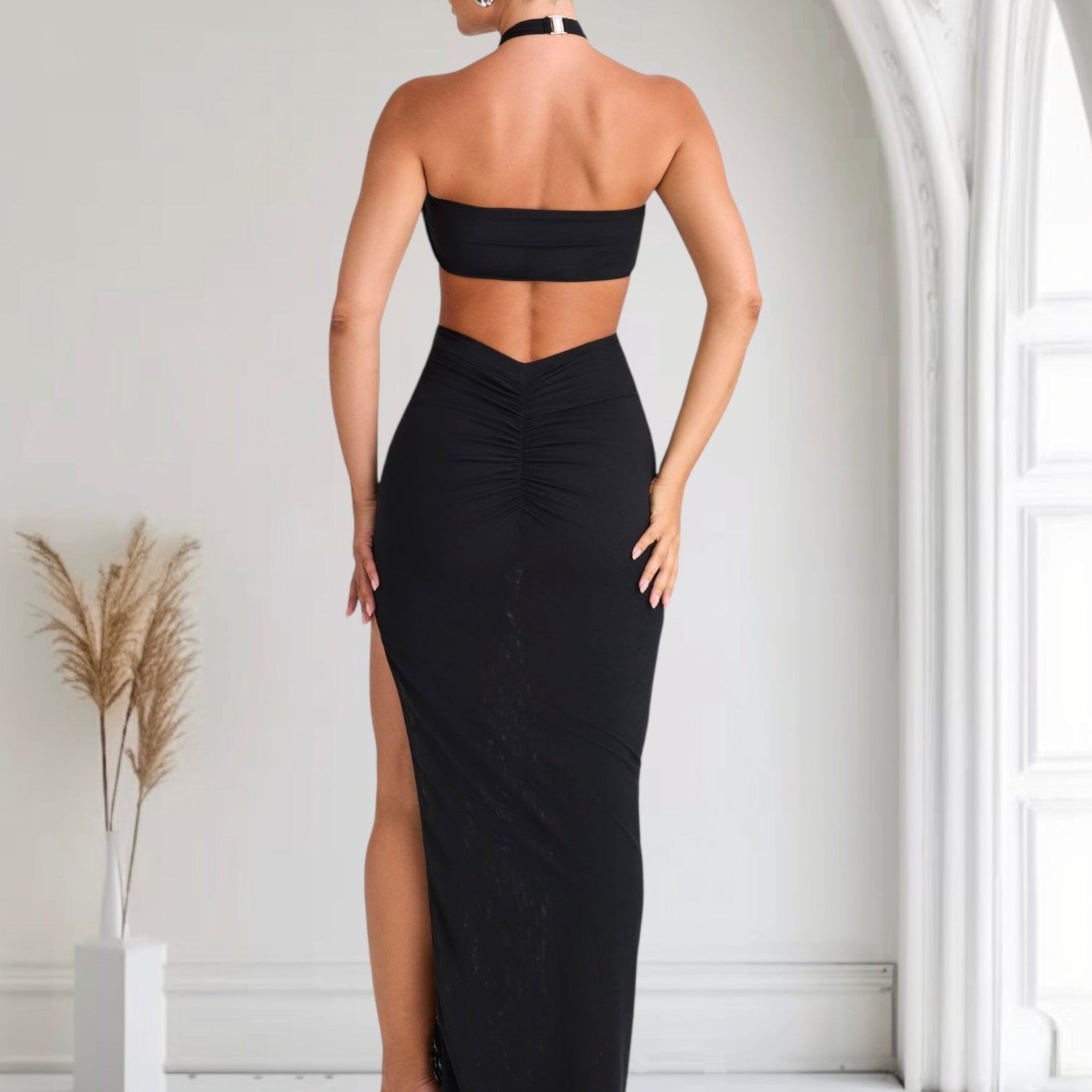 Sexy Hollow Out Halter Backless Split Long Dress