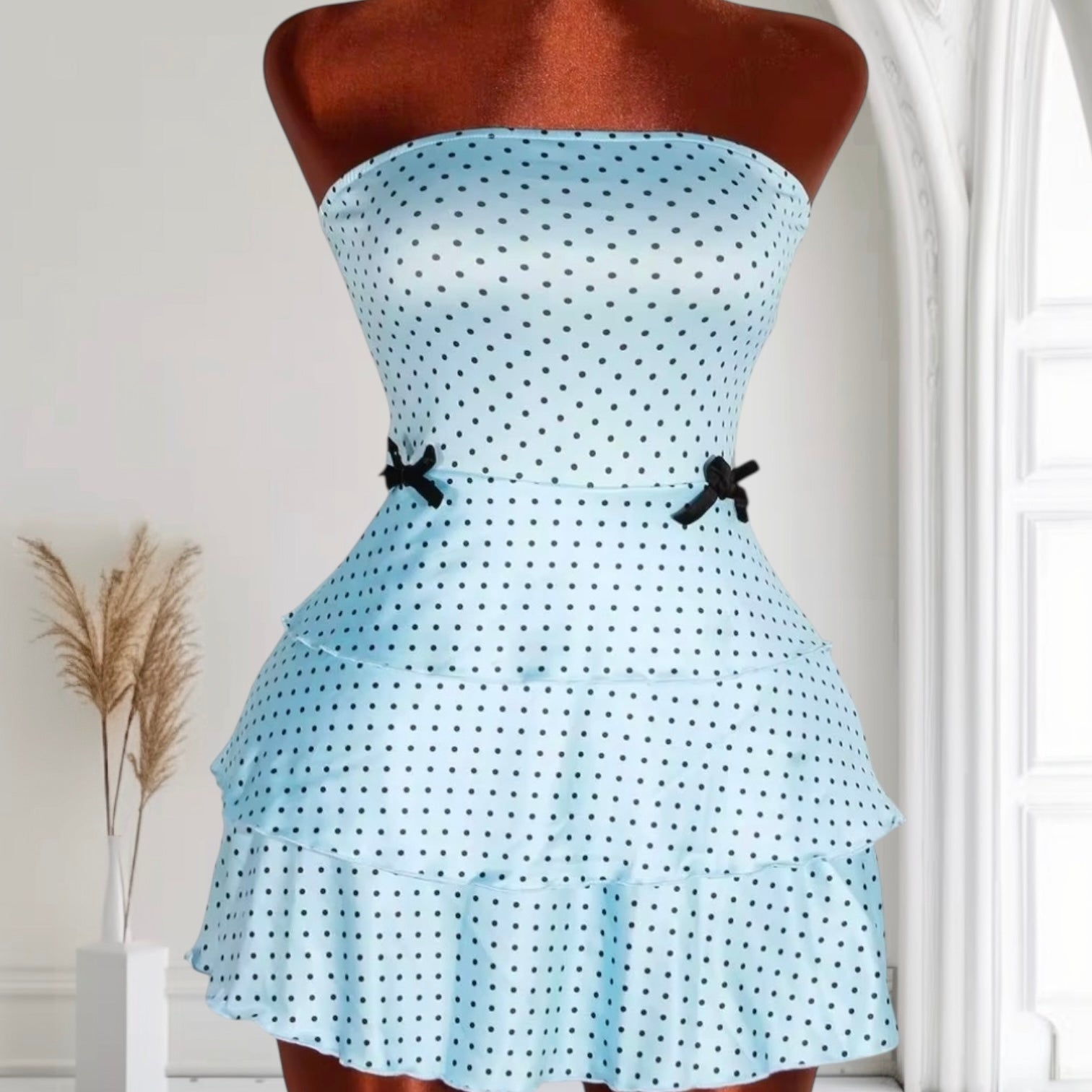 Elegant Spotted Print Strapless Dress
