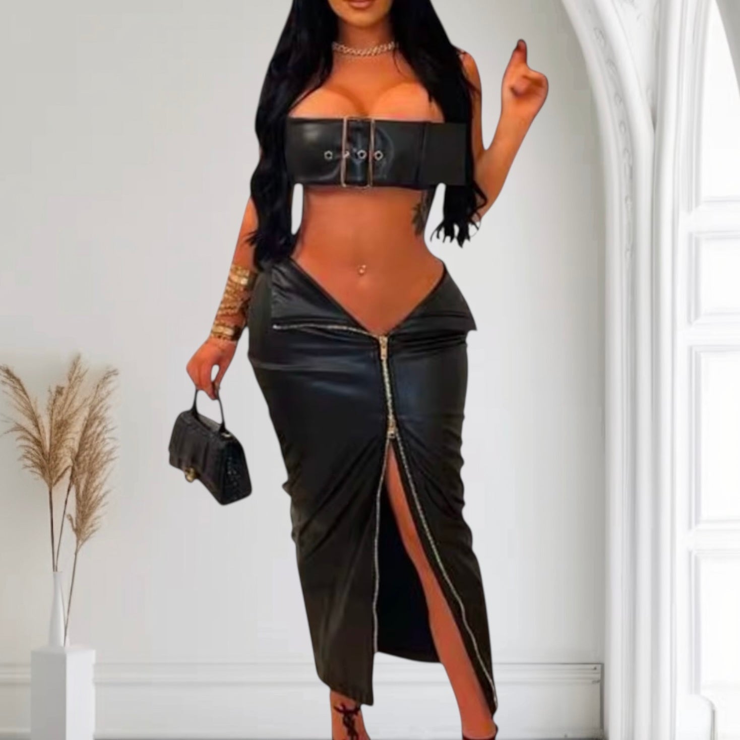 Sexy Club Vegan Leather Buckled Bra Zip Up Maxi Two Piece