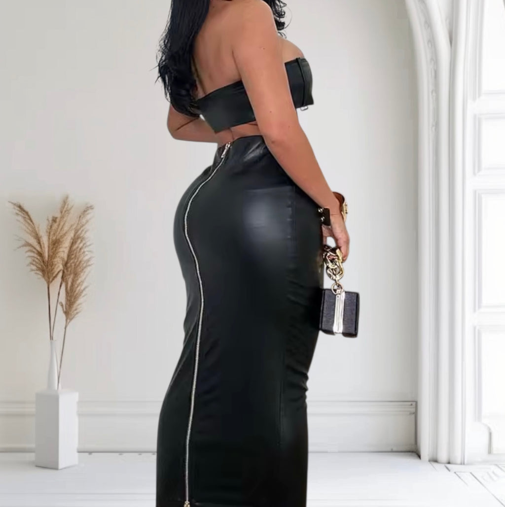 Sexy Club Vegan Leather Buckled Bra Zip Up Maxi Two Piece