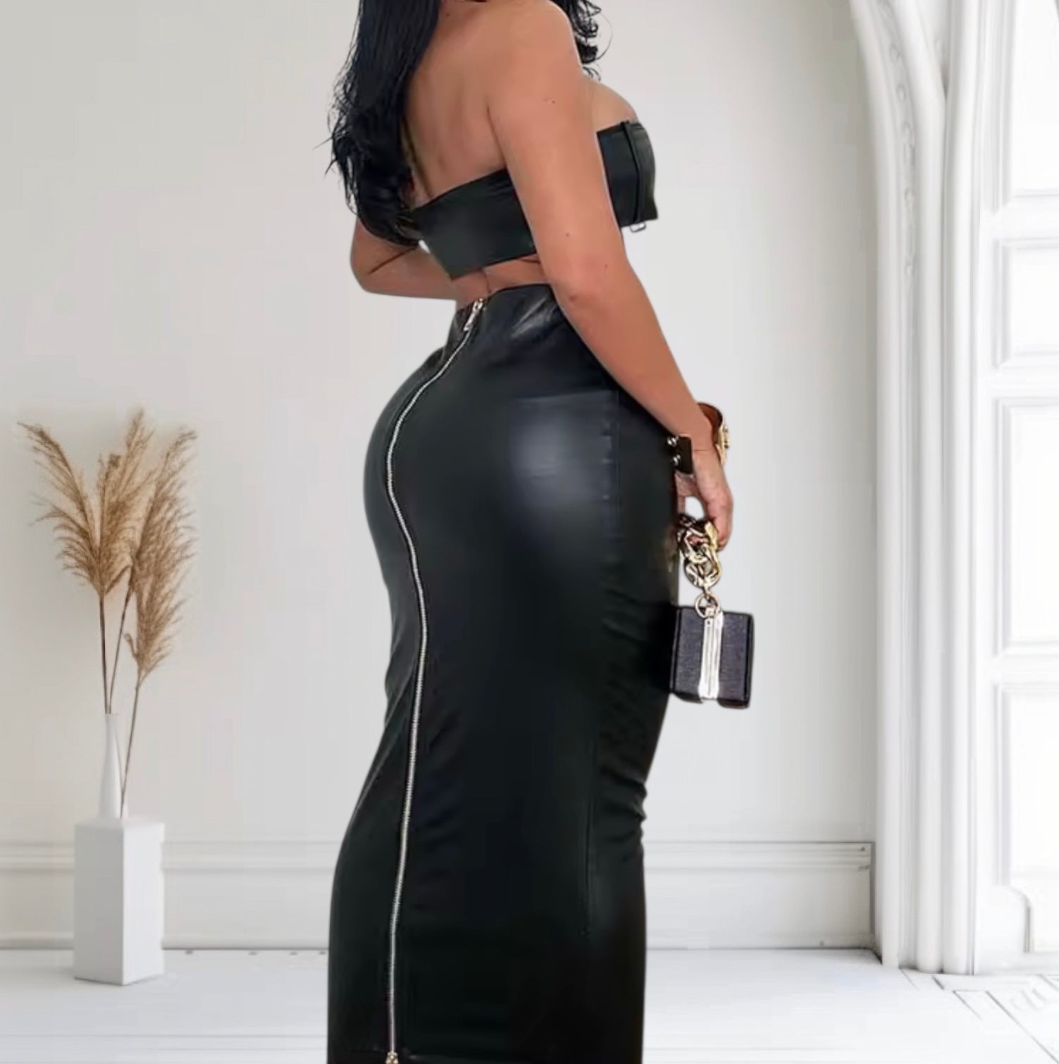 Sexy Club Vegan Leather Buckled Bra Zip Up Maxi Two Piece