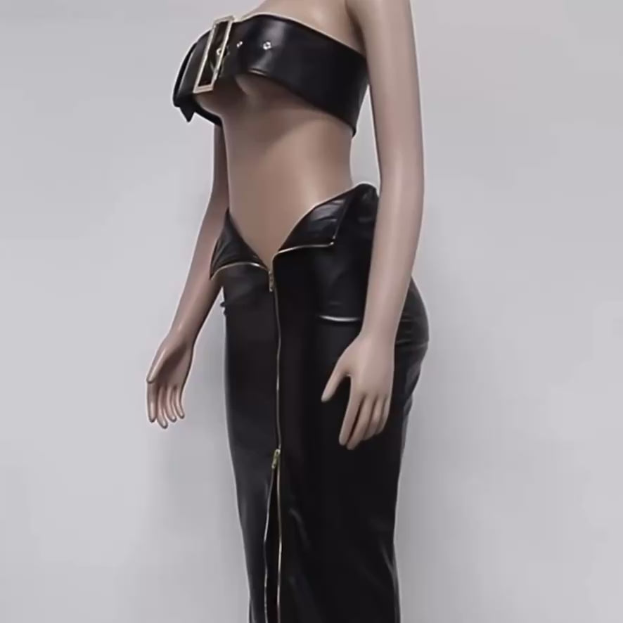 Sexy Club Vegan Leather Buckled Bra Zip Up Maxi Two Piece